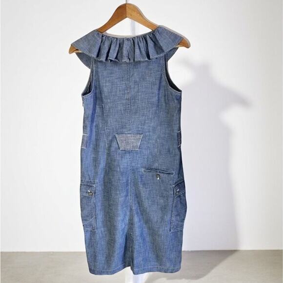Lauren Ralph Lauren Chambray Denim Dress Size 14 Ruffle Lace Up Knee Length - Picture 5 of 10